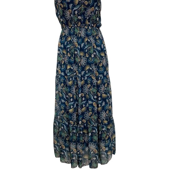 Lara Guidotti Dress L Navy Blue Floral Sleeveless Ruffle Midi Silk Blend Italy - Picture 8 of 12
